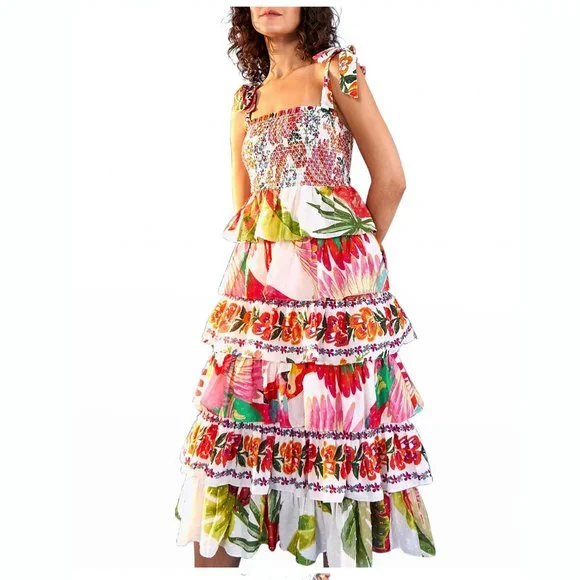 🥭 FARM Rio Mixed White Prints Layered Midi Dress - Picture 1 of 11